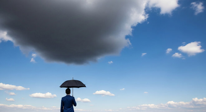 Man in suit holding umbrella under dark cloud, symbolizing protection, foresight, or facing challenges.