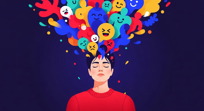 Illustration of a person meditating with colorful abstract shapes and emoticons exploding from their head, symbolizing creativity and emotions