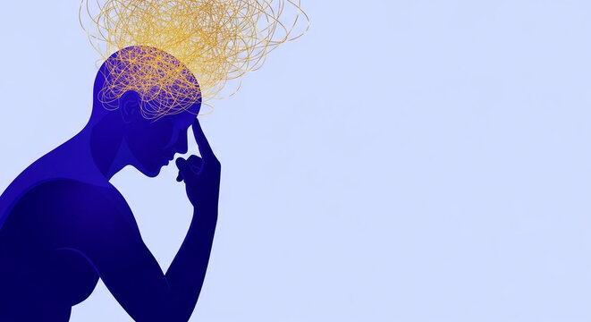 Profile of a dark blue figure with a golden tangled mass above its head, symbolizing confusion and deep thought on a pale blue background.