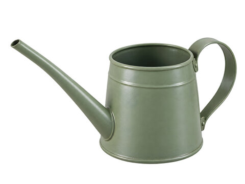 Sage green metal watering can on transparent background.