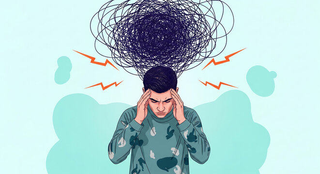 Man with head in hands, chaotic lines above, symbolizing stress and mental struggle.