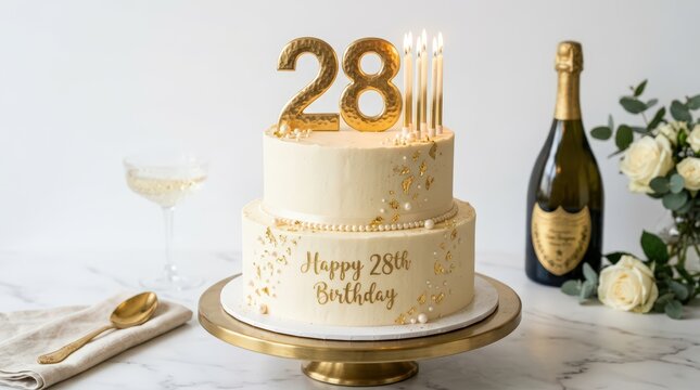 28th Birthday Cake with Gold Candles, Champagne, and White Roses on White Marble