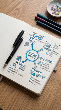 Hand-drawn SEM strategy diagram in notebook on wooden desk, showcasing research, analysis, content, feedback, and target, symbolizing planning and marketing