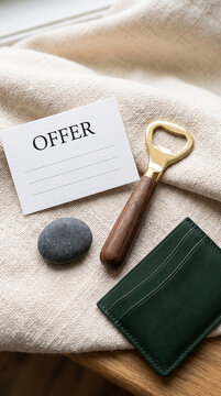 A card with the word OFFER, a bottle opener, a smooth stone and a wallet on a textured fabric, symbolizing a business proposition or opportunity.
