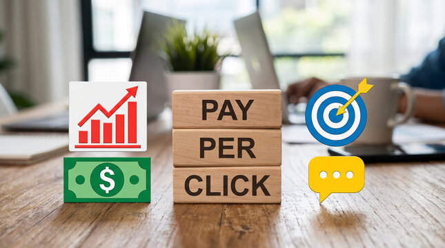 Wooden blocks spelling "Pay Per Click" with money, graph, and target icons, symbolizing online advertising strategy and success.