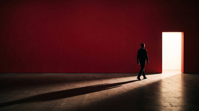 Man walking towards bright light from a doorway, casting a long shadow, symbolizing transition, hope, and new beginnings