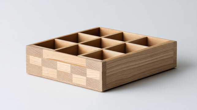 Empty wooden organizer box with nine compartments, natural finish, minimalist style, storage solution, home decor