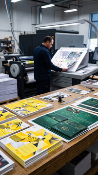 Man examines printed sheets in a print shop, with stacks of yellow and green collateral showcasing a sophisticated design, symbolizing quality and professionalism