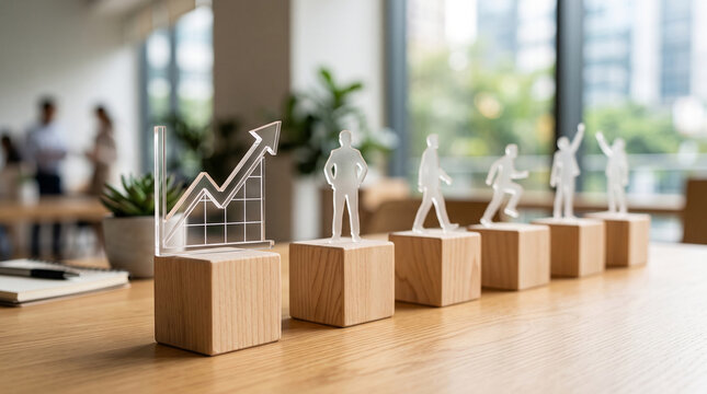 Lucite graph figurine and small human figures on wooden blocks, representing business growth and teamwork, office setting with plants