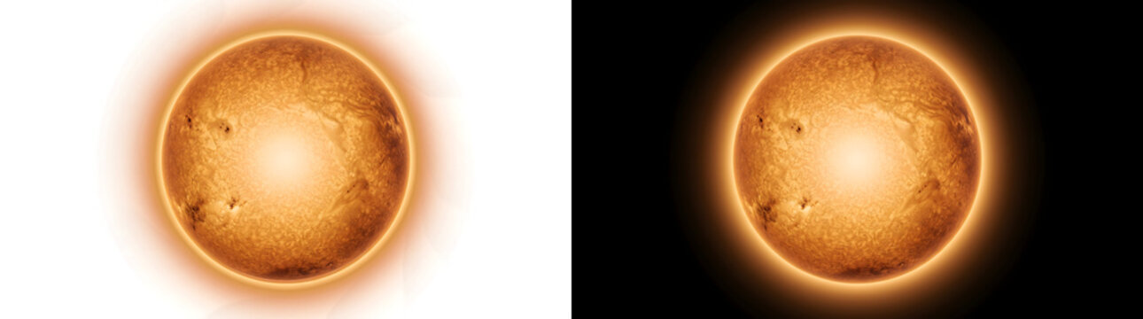 Orange sun with visible sunspots and fiery textured surface shown in PNG, Transparent and Black Background Versions for design