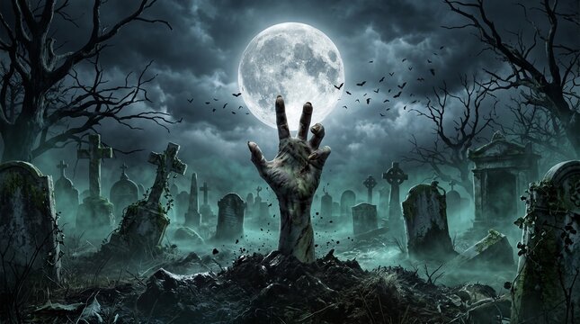 Zombie hand rising from graveyard under full moon in spooky halloween night atmosphere