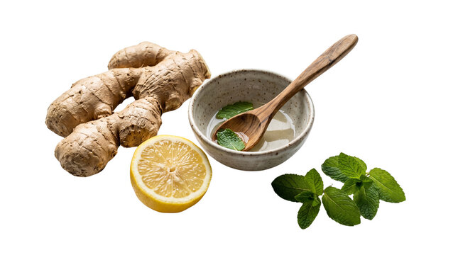 Fresh ginger root with lemon and mint leaves, ceramic bowl with wooden spoon, natural herbal tea ingredients on white background