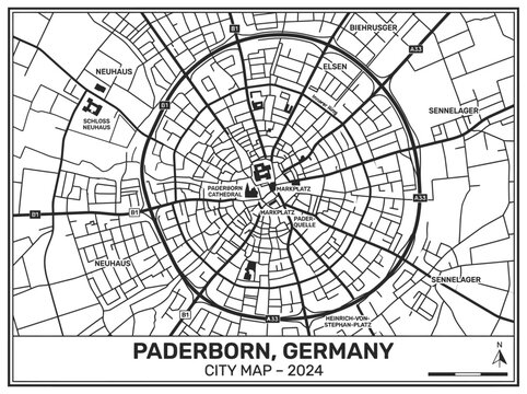 Paderborn Germany Minimalist City Map 2024 Black and White Urban Street Map Illustration