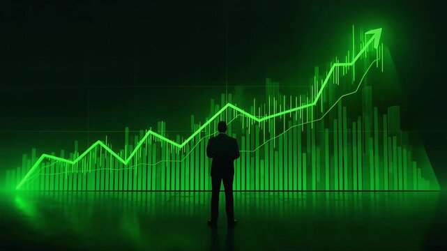 Businessman standing before glowing green stock market growth animation charts analyzing financial success trends in this digital motion video footage