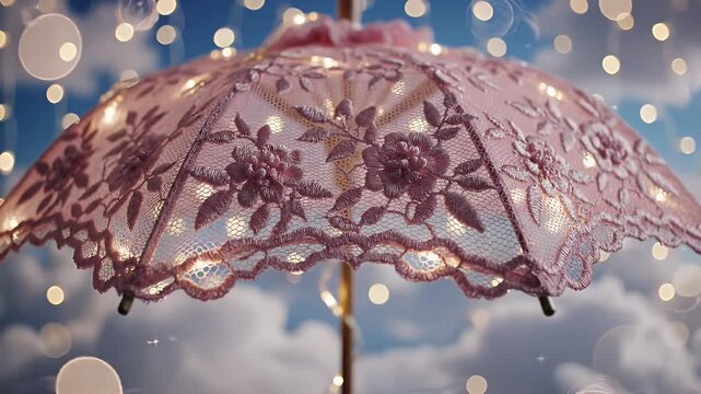 Elegant Purple Lace Parasol Adorned with Floral Patterns Framed by Dreamy Cloudy Sky and Bokeh Lights