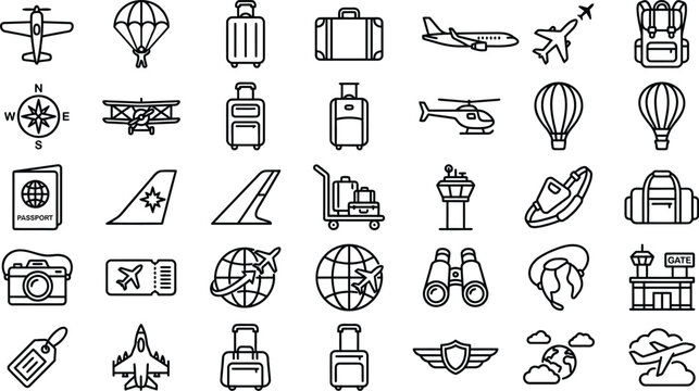 Linear travel and tourism icons collection on transparent background for adventure planning and navigation.
