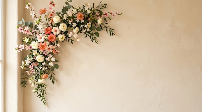 Elegant floral arrangement on a beige wall perfect for a stylish happy birthday celebration or wedding backdrop