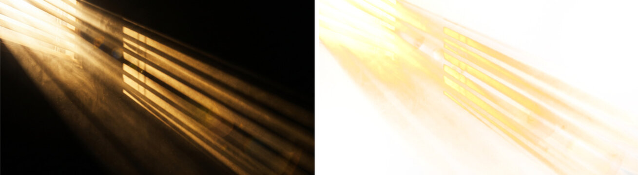 Angled golden sunrays shining through shutter blinds window creating high contrast shadow stripes, isolated on transparent background