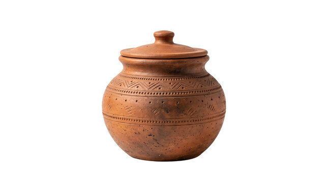 Rustic terracotta clay pot with lid, handmade earthenware ceramic jar with engraved patterns, traditional brown pottery vessel on white background