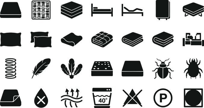 Set of bedding and mattress icons for furniture industry and sleep comfort.