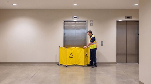 Maintenance Staff Placing Warning Barrier Before Office Elevator Entrance