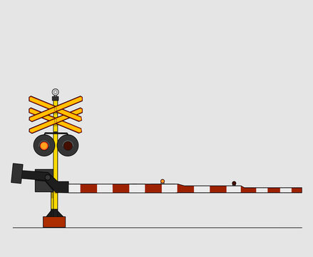 An illustration of a double track railway crossing signal post with warning lights, crossbuck, and lowered red-and-white barrier arm