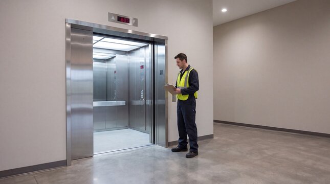 Service Professional Documenting Elevator Safety Procedures In Corporate Lobby