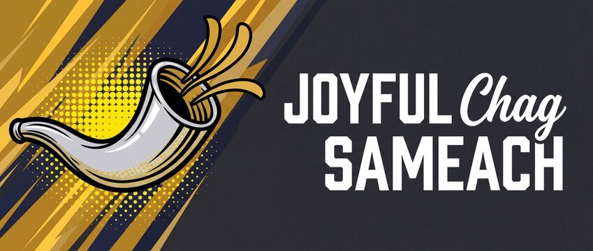 Shofar banner Rosh Hashanah greeting with Joyful Chag Sameach text for Jewish New Year holiday celebration background in comic pop art style with halftone dots and copy space for web design.