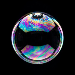 Fototapeta premium Vibrant Iridescent Soap Bubble Featuring Swirling Rainbow Patterns and Colorful Reflections Isolated on a Deep Black Background