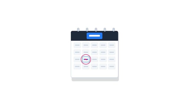 Seamlessly looping 4K motion graphics asset featuring a geometric desktop calendar with flipping date pages and a checkmark verification stamp.