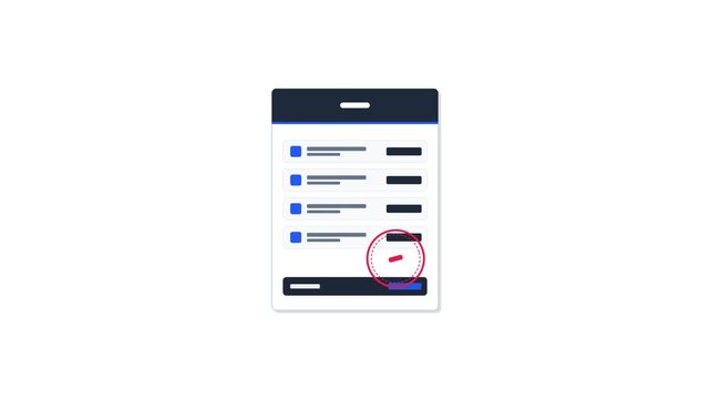Seamlessly looping 4K motion graphics asset featuring a geometric invoice document with unfolding line items and a sealing verification stamp.