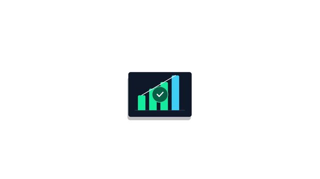 Premium 4K geometric bar chart financial icon featuring staggered pillar growth extrusion, trendline sequencing, and verified analytics badge payoff.