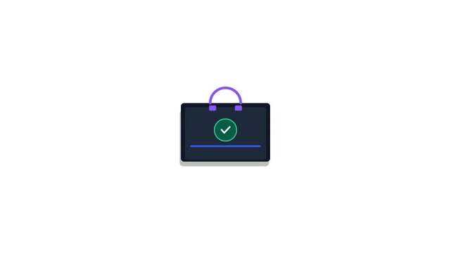 Premium 4K geometric briefcase icon featuring modular shell assembly, clasp sequencing, and verified professional badge payoff.