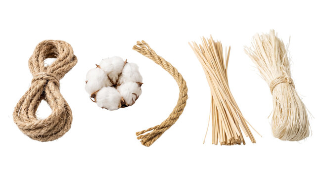 Natural jute rope and raw cotton boll collection. Organic hemp twine and bamboo sticks on white. Sustainable craft materials.