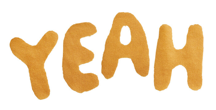 Hand-cut yellow fabric letters spelling YEAH on a transparent background. Handmade PNG word for posters, stickers, scrapbooking, social media, party graphics, and playful typography.