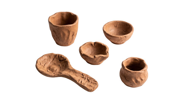 Handmade terracotta clay pottery set, rustic miniature ceramic bowls and spoon, brown earthenware vessels on white background