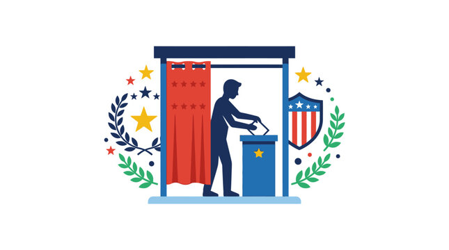 Silhouette of a citizen voting inside a polling booth with American patriotic elements.