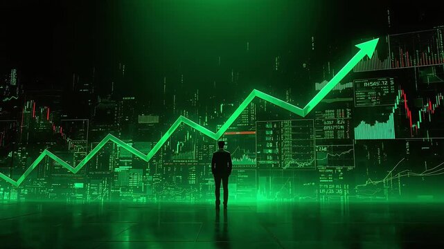 Businessman stands before glowing green digital stock market growth charts in this dynamic high quality financial trading motion animation footage