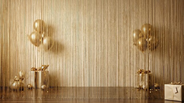 A festive gold fringe curtain background perfect for a glamorous happy birthday celebration or elegant party event
