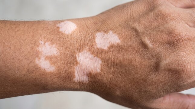 Close-up of vitiligo patches on a person's arm and hand. Medical condition showing depigmentation for dermatology, health, and wellness content.