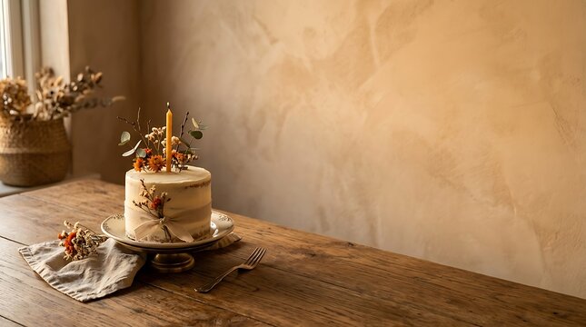 A beautiful rustic cake with a golden happy birthday topper sitting on a wooden table in a cozy room