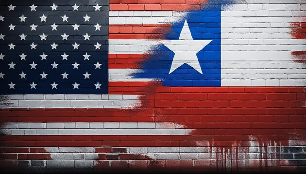 usa flag and chile flag graffiti on brick wall