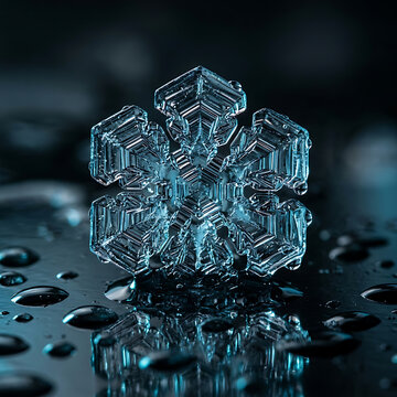 Macro photography of a single detailed crystal snowflake glistening on a reflective dark surface with water droplets