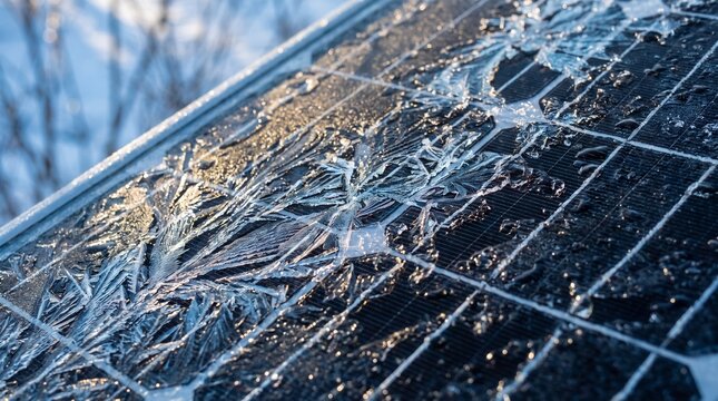 Frost patterns on a solar panel surface during a cold winter morning