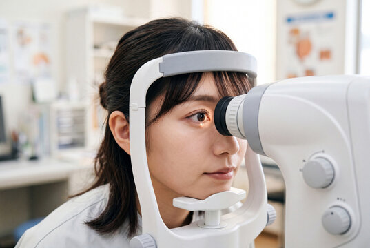 眼科の検査機器で目の検査を受ける若い女性のクローズアップ