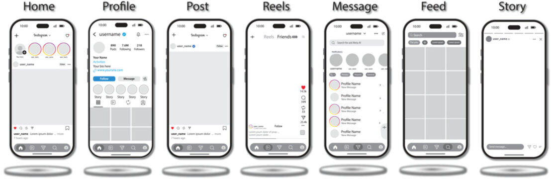 Instagram mockup social media post template. new grid size Instagram template update on realistic smartphones. post, home, profile, reels, Message, search, and story, mockup template, social media des