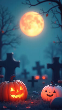 Cute halloween pumpkins with full moon