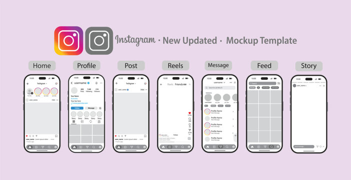  new updated Instagram social media UI mockup collection with iPhone 17 Pro Max screen. New Instagram social media features design 2027. Set of instagram post, home, profile, reels, Message, search, a