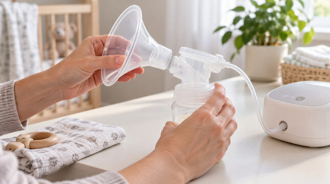 Mano acoplando embudo transparente a extractor de leche