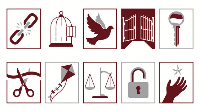 A collection of ten graphic icons representing concepts of freedom, liberation, justice, and opportunity in a grid layout.